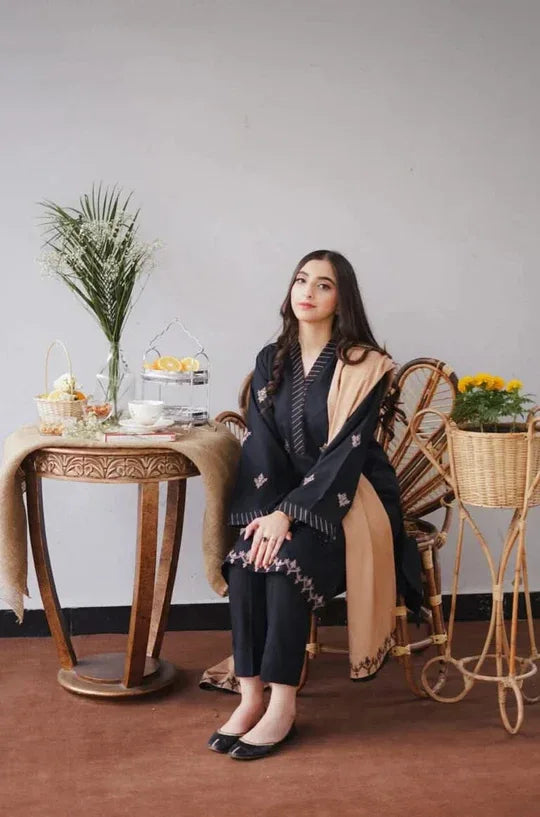 COFFEE | 3 PC EMBROIDERED DHANAK SUIT – RR2061 - Rangrezza