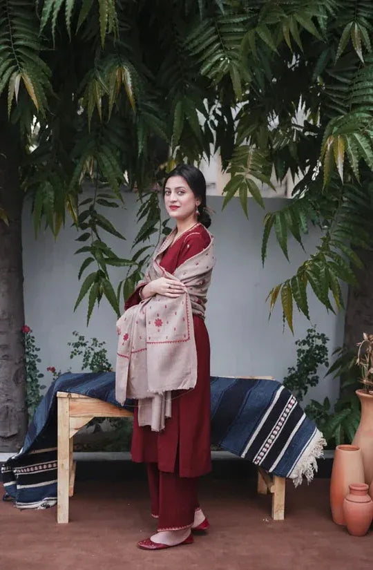 MAROON | 3 PC EMBROIDERED DHANAK SUIT – RR2079 - Rangrezza