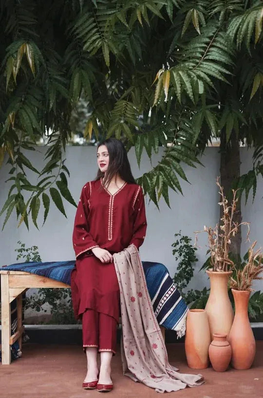 MAROON | 3 PC EMBROIDERED DHANAK SUIT – RR2079 - Rangrezza
