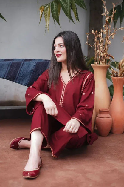 MAROON | 3 PC EMBROIDERED DHANAK SUIT – RR2079 - Rangrezza