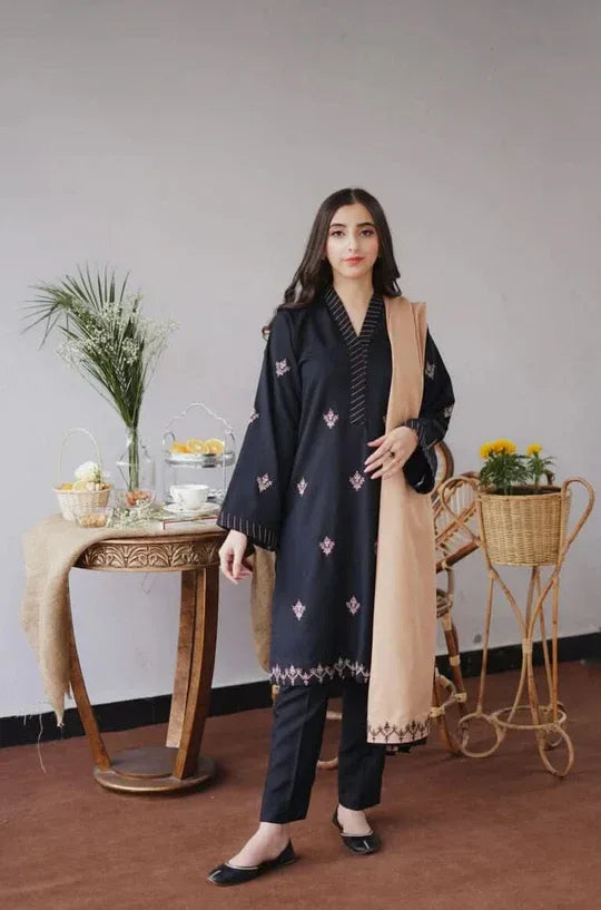 COFFEE | 3 PC EMBROIDERED DHANAK SUIT – RR2061 - Rangrezza