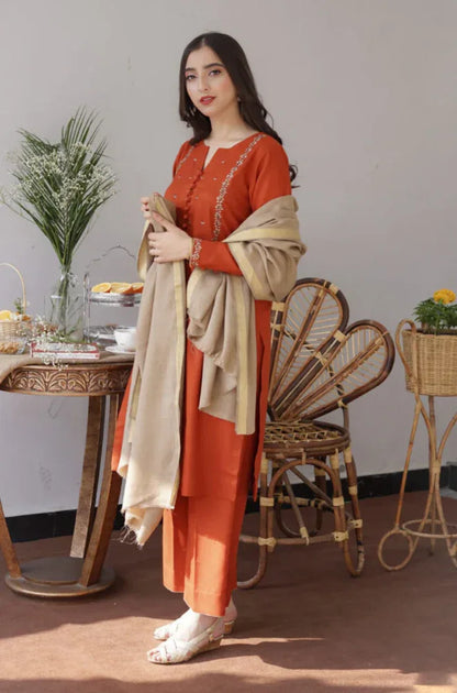 GINGER | 3 PC EMBROIDERED DHANAK SUIT – RR2065 - Rangrezza