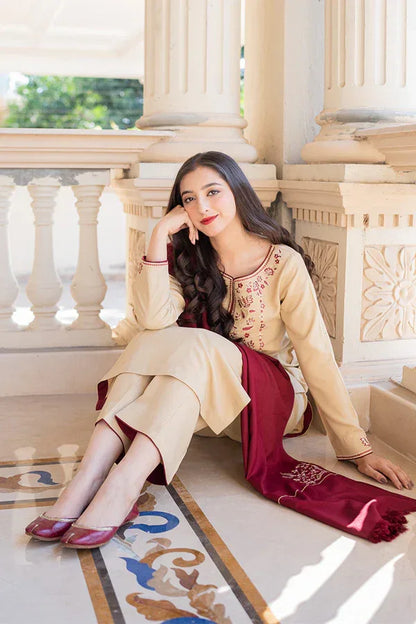 NATURAL BEIGE | 3 PC EMBROIDERED DHANAK SUIT - RR2066 - Rangrezza