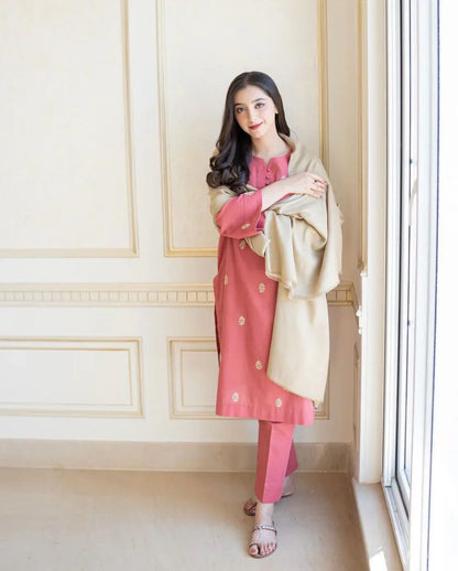 DUSTY PINK | 3 PC EMBROIDERED DHANAK SUIT – RR2067 - Rangrezza
