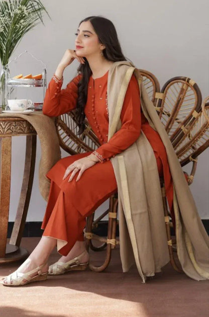 GINGER | 3 PC EMBROIDERED DHANAK SUIT – RR2065 - Rangrezza