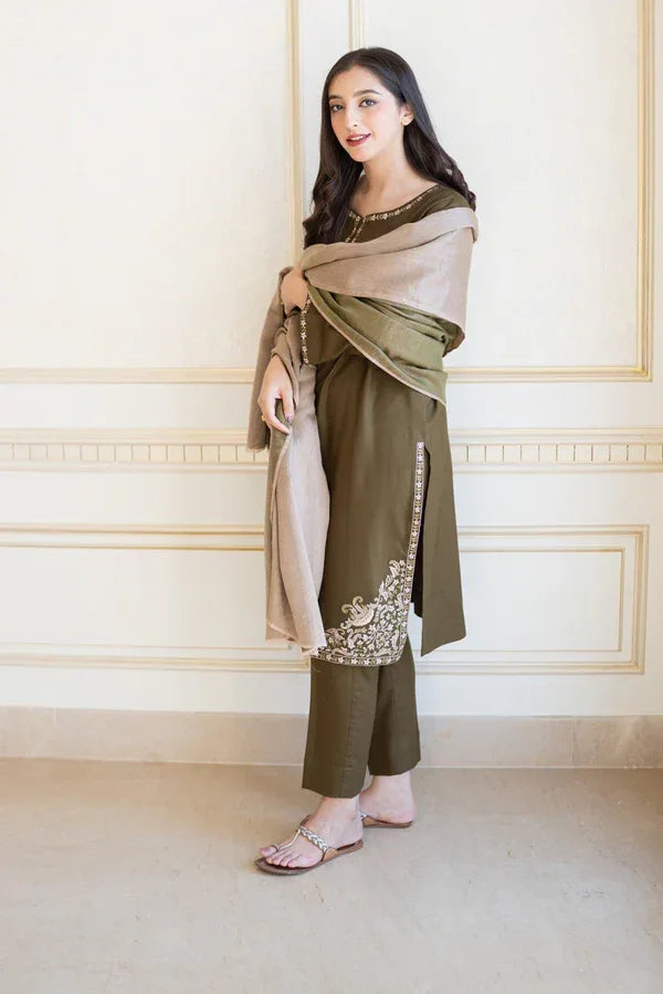 DARK OLIVE | 3 PC EMBROIDERED DHANAK SUIT – RR2068 - Rangrezza