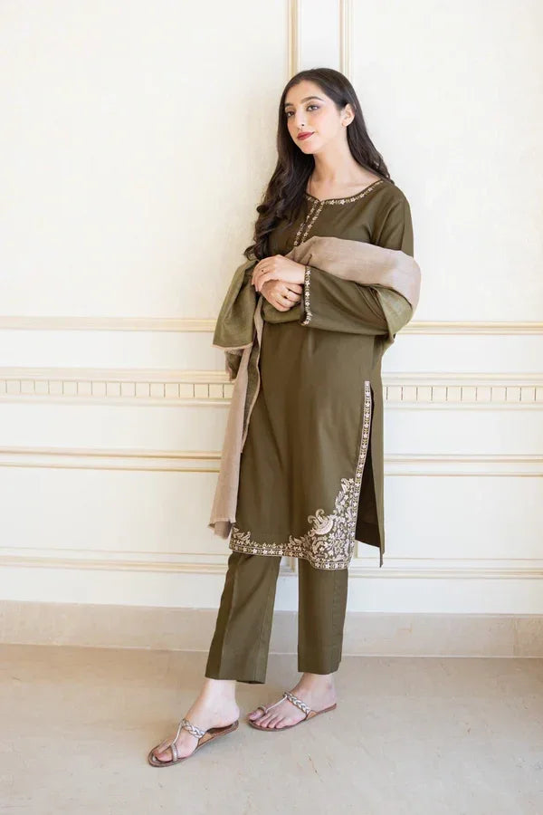 DARK OLIVE | 3 PC EMBROIDERED DHANAK SUIT – RR2068 - Rangrezza
