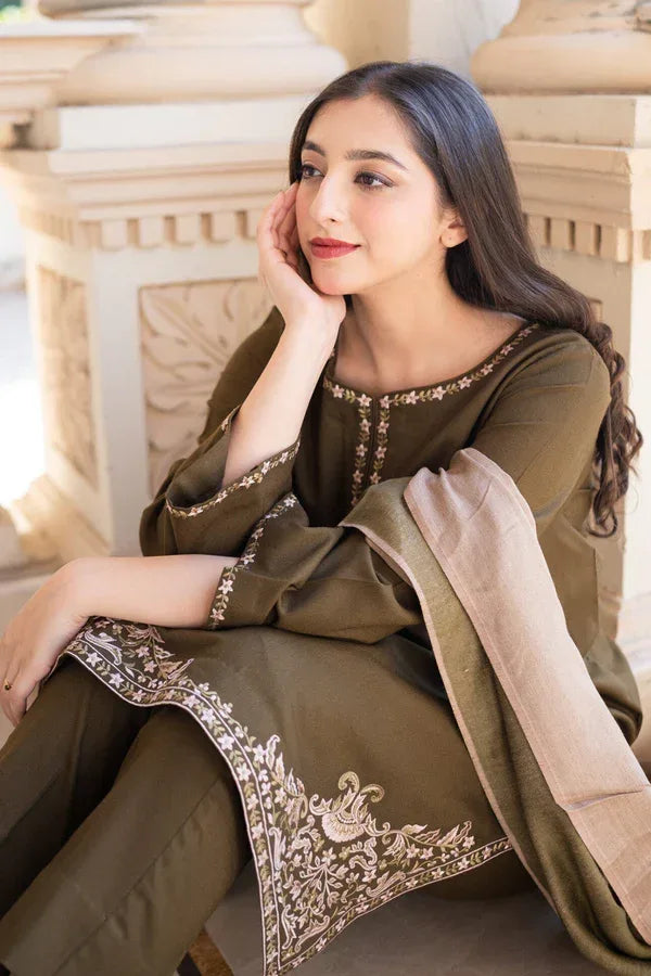 DARK OLIVE | 3 PC EMBROIDERED DHANAK SUIT – RR2068 - Rangrezza